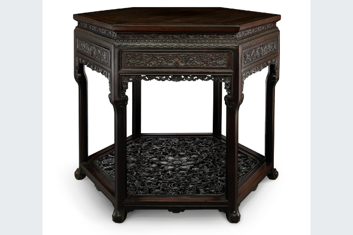 Exceptionally rare and magnificently adorning collectibles gafencu magazine Chinese Carved Zitan Hexagonal Table